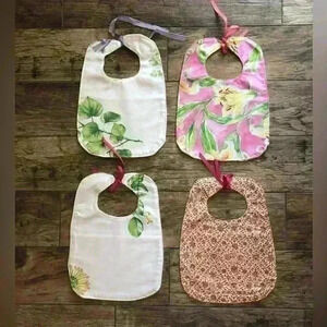 LOT OF 4 BABY GIRL PINK HANDMADE VTG FABRIC BIBS